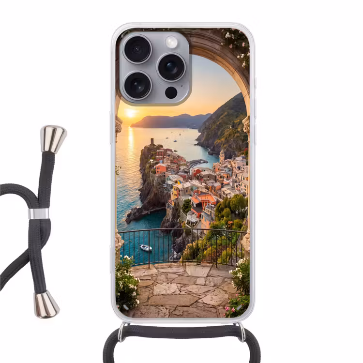 Telefoonhoesje met koord - Dorp - Zee - Zonsondergang — 1