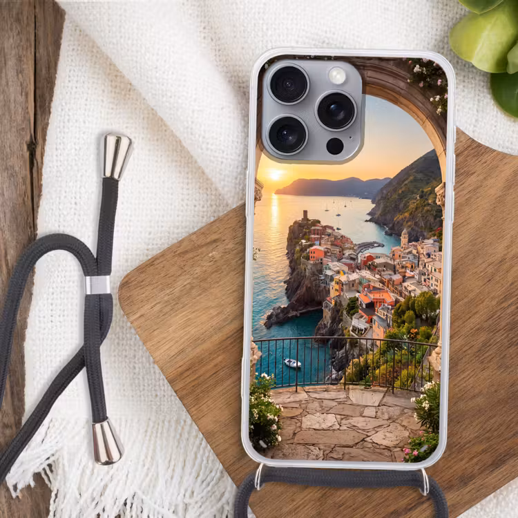 Telefoonhoesje met koord - Dorp - Zee - Zonsondergang — 3