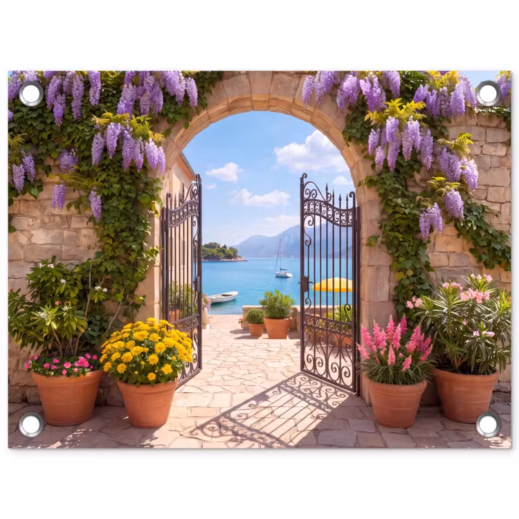 Tuinposter - Poort - Zee - Uitzicht — 1