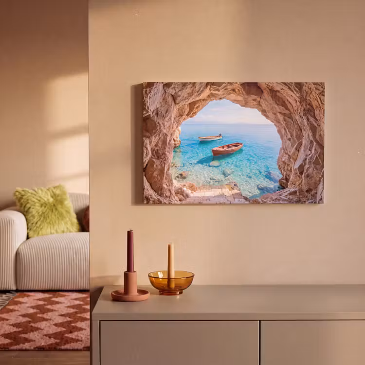 Canvas schilderij - Grot - Zee - Boten — 1