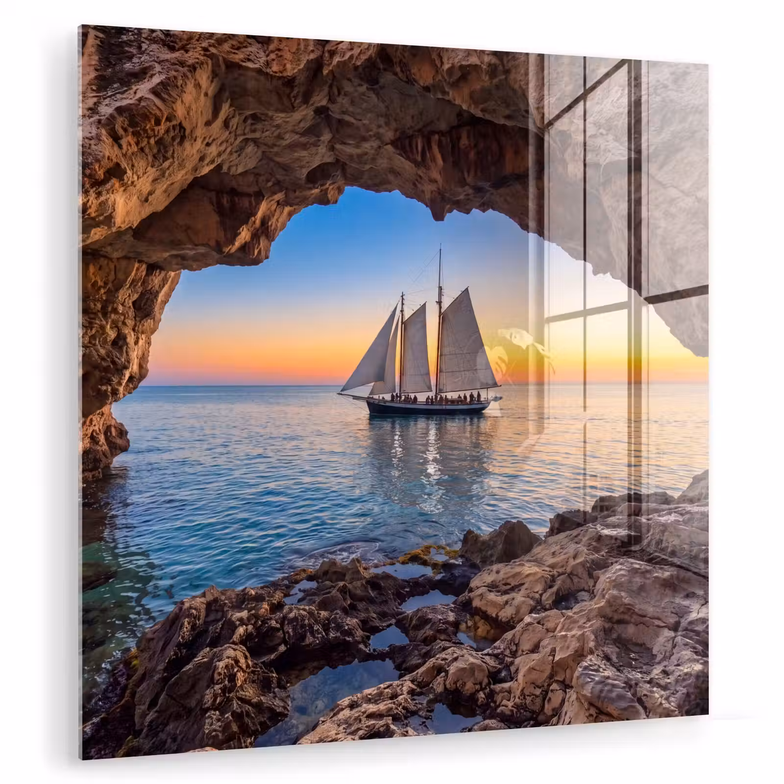 Glas schilderij - Zeilboot - Zonsondergang - Zee — 1
