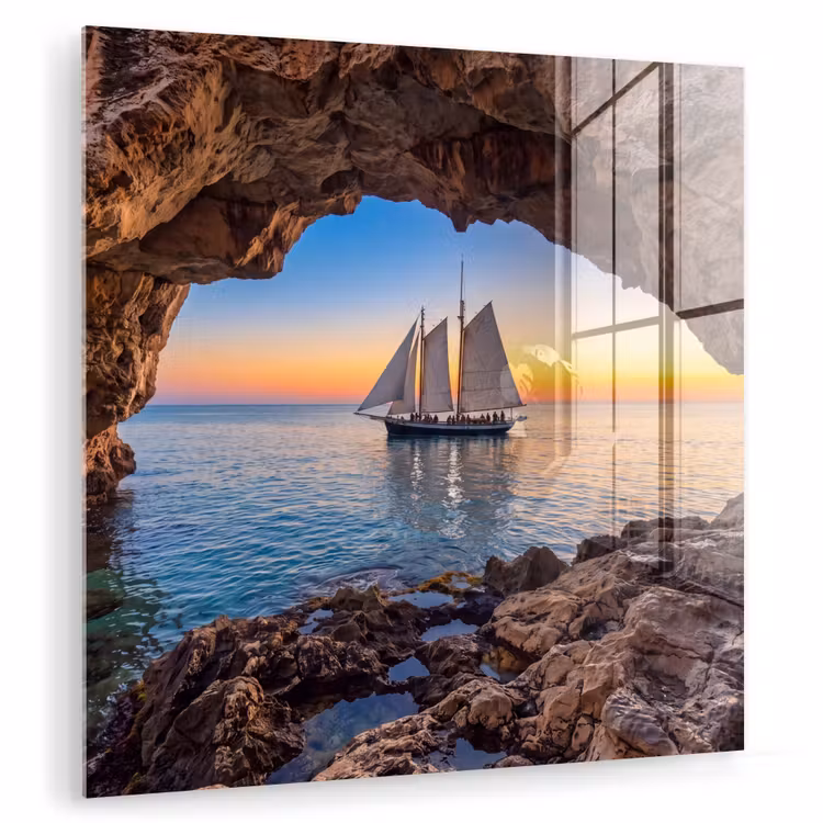 Glas schilderij - Zeilboot - Zonsondergang - Zee — 1