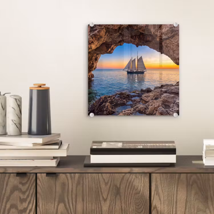 Glas schilderij - Zeilboot - Zonsondergang - Zee — 2