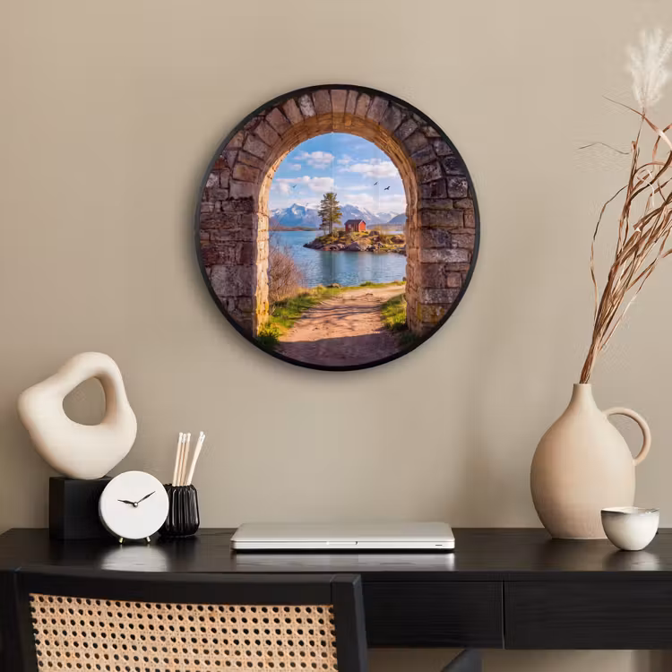 Ronde fotolijst - Huis - Meer - Bergen — 3