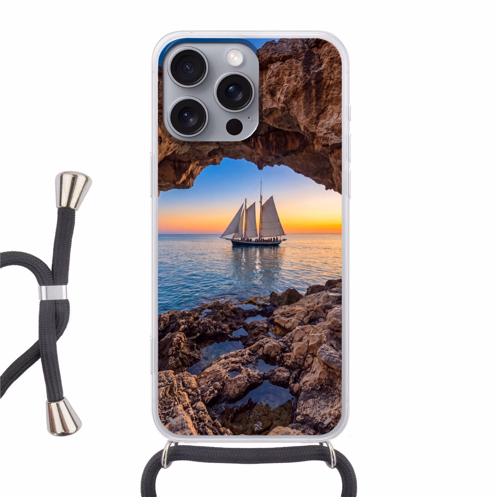 Telefoonhoesje met koord - Zeilboot - Zonsondergang - Zee — 1