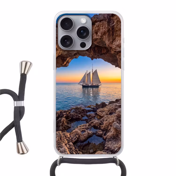 Telefoonhoesje met koord - Zeilboot - Zonsondergang - Zee — 1