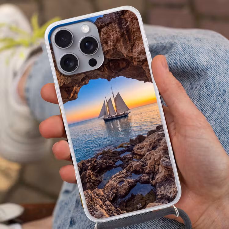Telefoonhoesje met koord - Zeilboot - Zonsondergang - Zee — 2