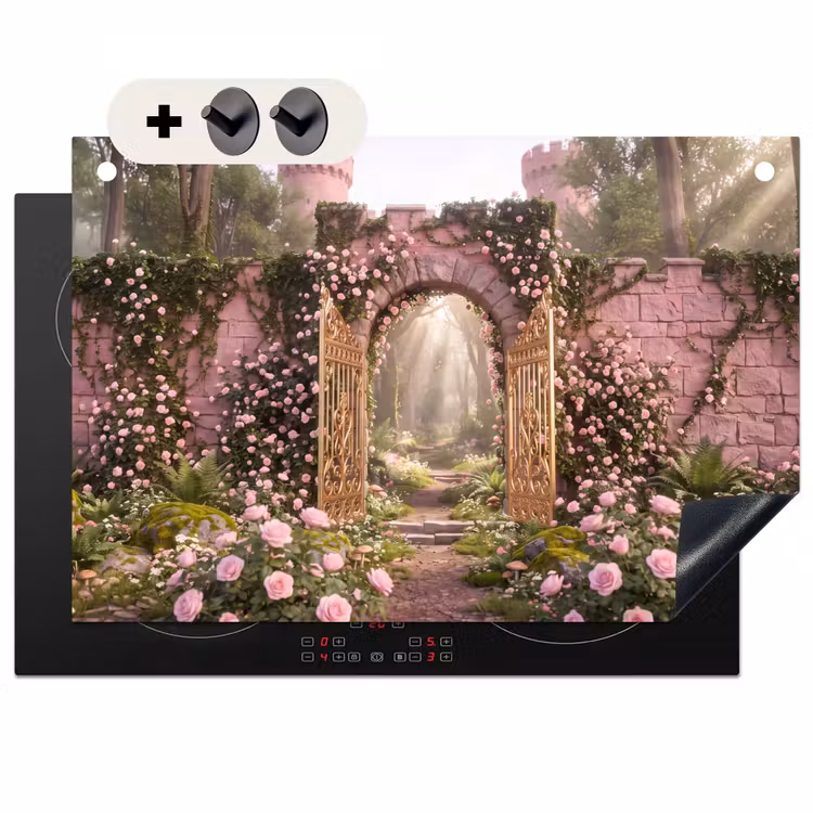 Inductiebeschermer & spatscherm (2in1) - Poort - Bloemen - Sprookje — 1