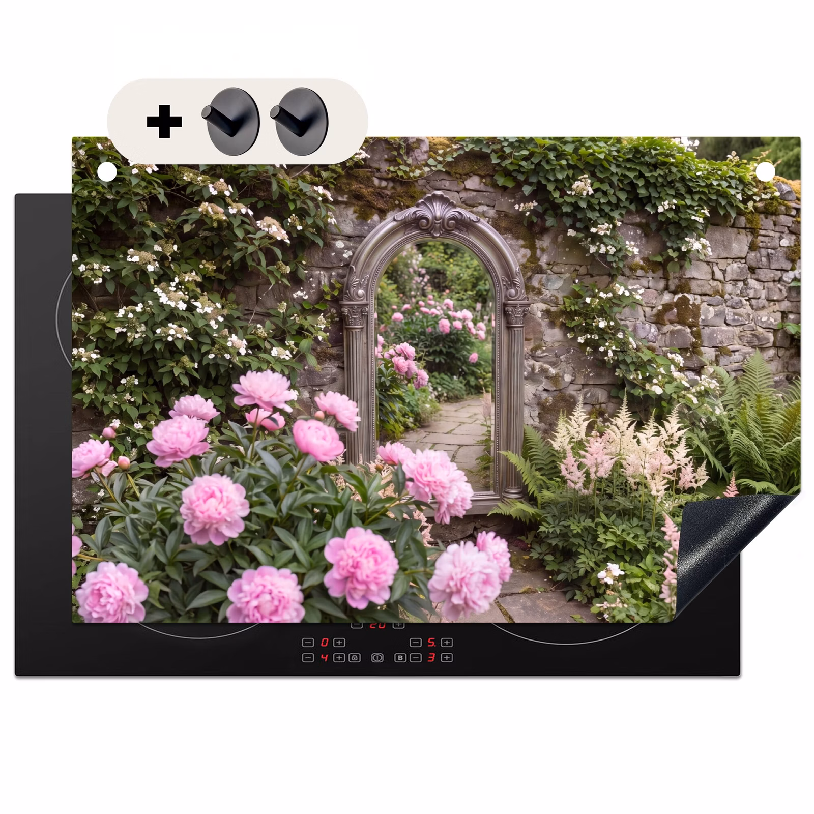 Inductiebeschermer & spatscherm (2in1) - Spiegel - Tuin - Bloemen — 1