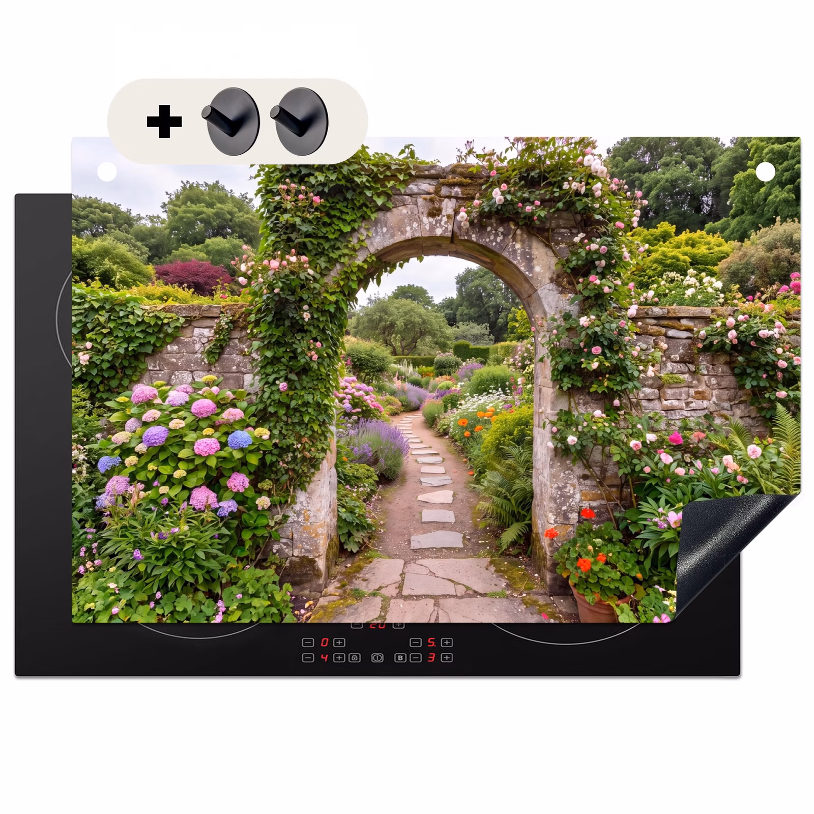 Inductiebeschermer & spatscherm (2in1) - Tuin - Bloemen - Pad — 1