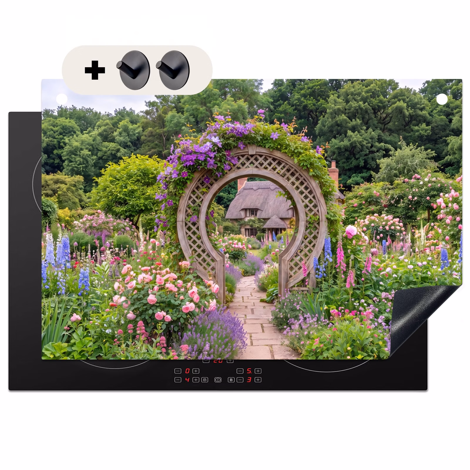 Inductiebeschermer & spatscherm (2in1) - Tuin - Boog - Bloemen — 1