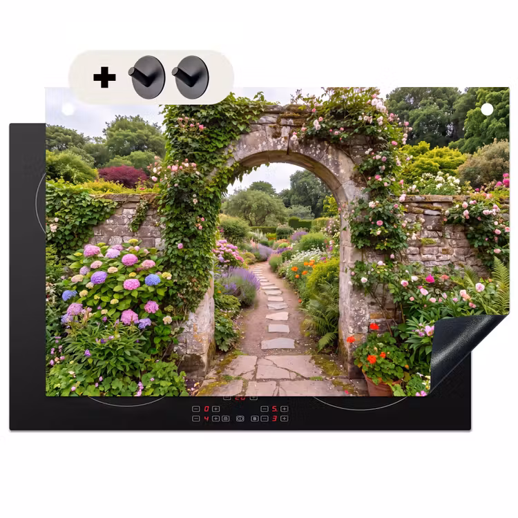 Inductiebeschermer & spatscherm (2in1) - Tuin - Bloemen - Pad — 1