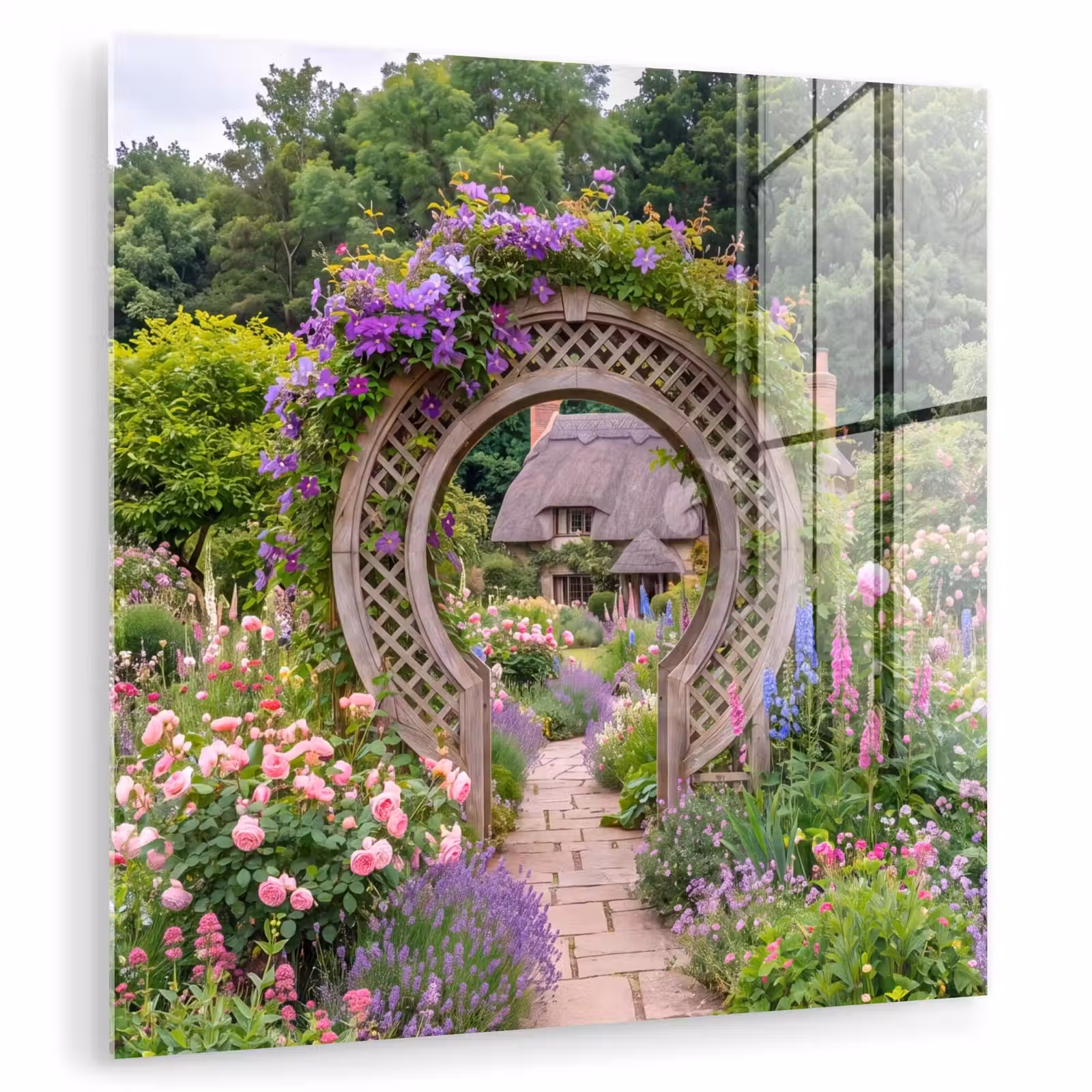 Glas schilderij - Tuin - Boog - Bloemen — 1