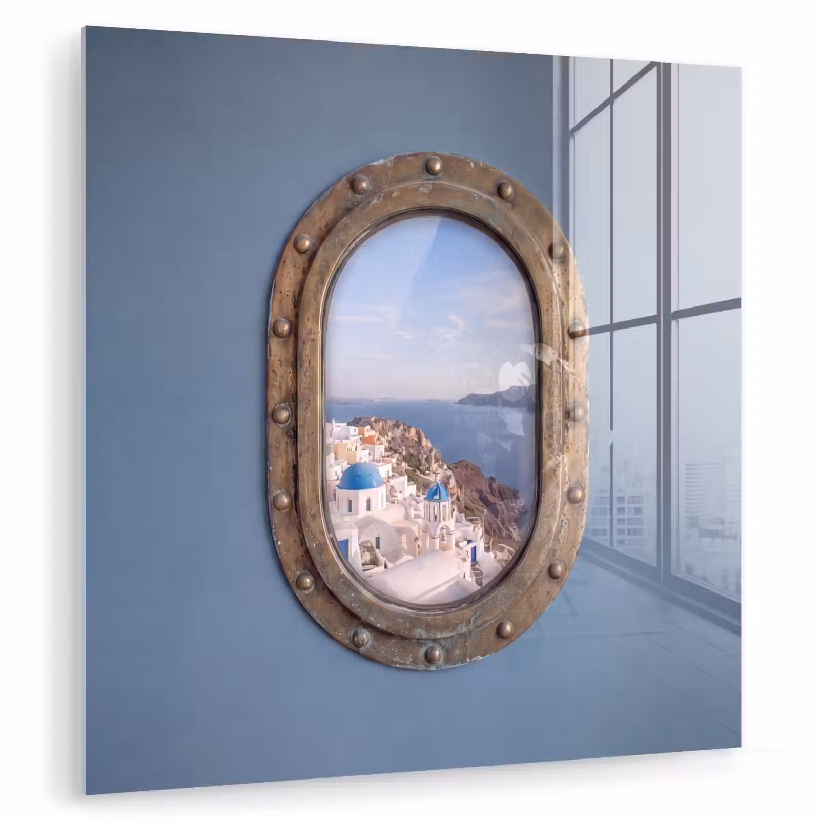 Glas schilderij - Patrijspoort - Zee - Dorp — 1