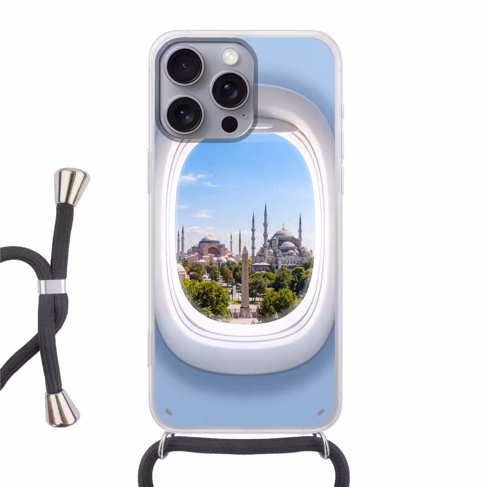Telefoonhoesje met koord - Vliegtuigraam - Stad - Reis — 1