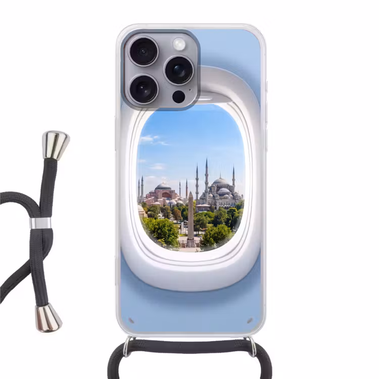 Telefoonhoesje met koord - Vliegtuigraam - Stad - Reis — 1