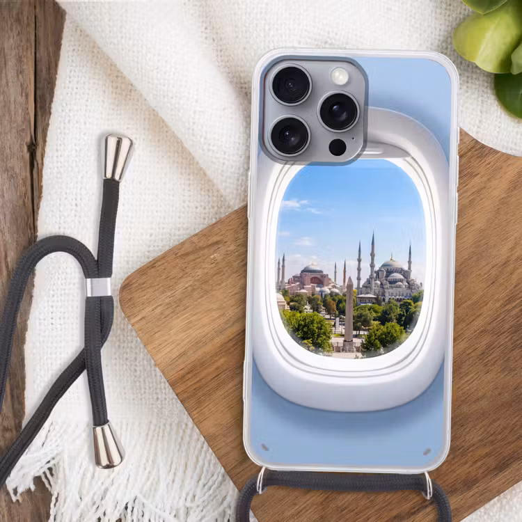 Telefoonhoesje met koord - Vliegtuigraam - Stad - Reis — 3