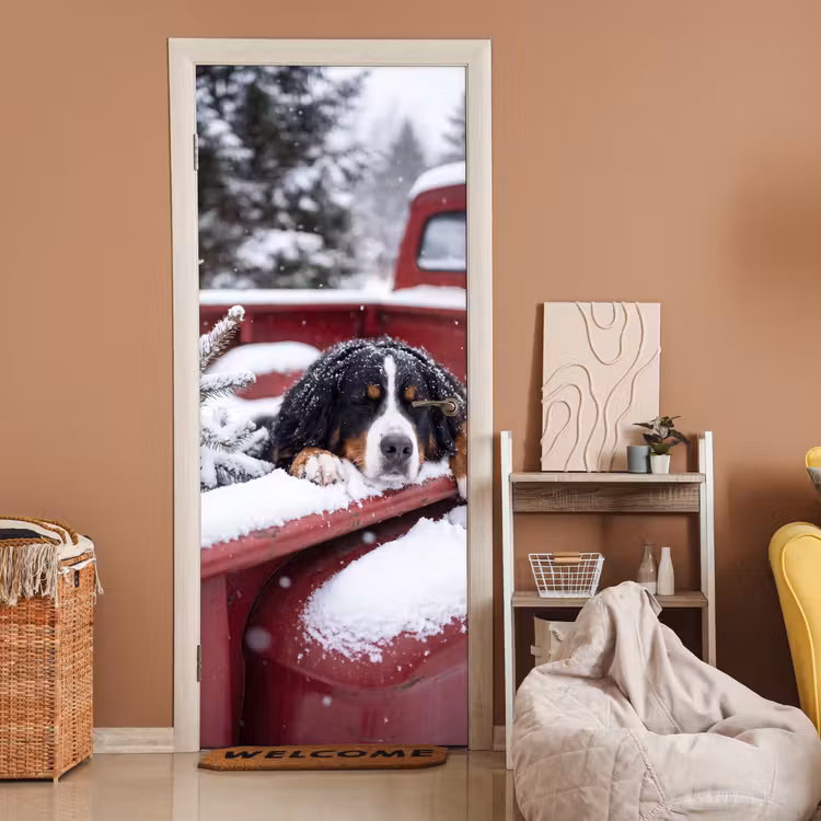 Deursticker - Hond - Rode vrachtwagen — 2