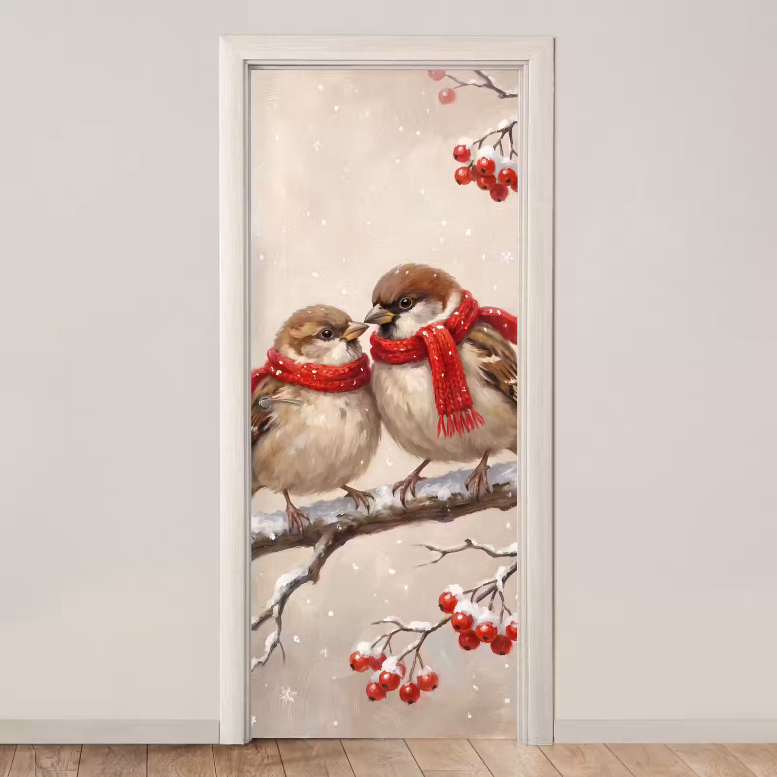 Deursticker - Vogels - Winter - Rood — 1