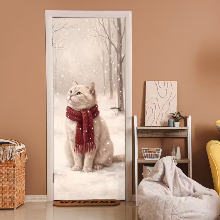 Deursticker - Kat - Vogel - Winter — 2