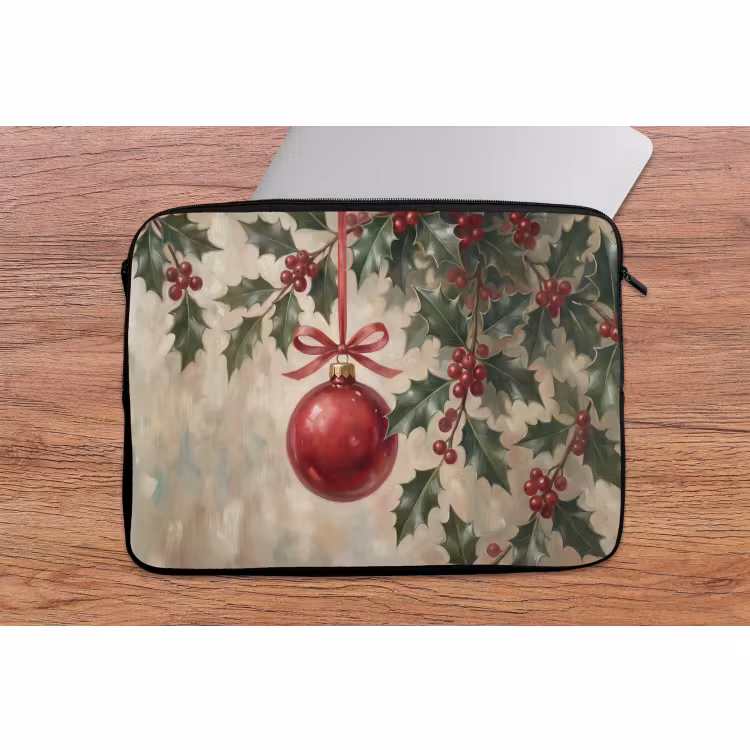 Laptophoes Kerstbal - Hulst - Rood — 2