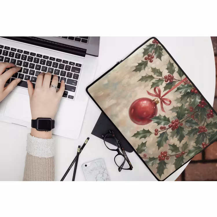 Laptophoes Kerstbal - Hulst - Rood — 3