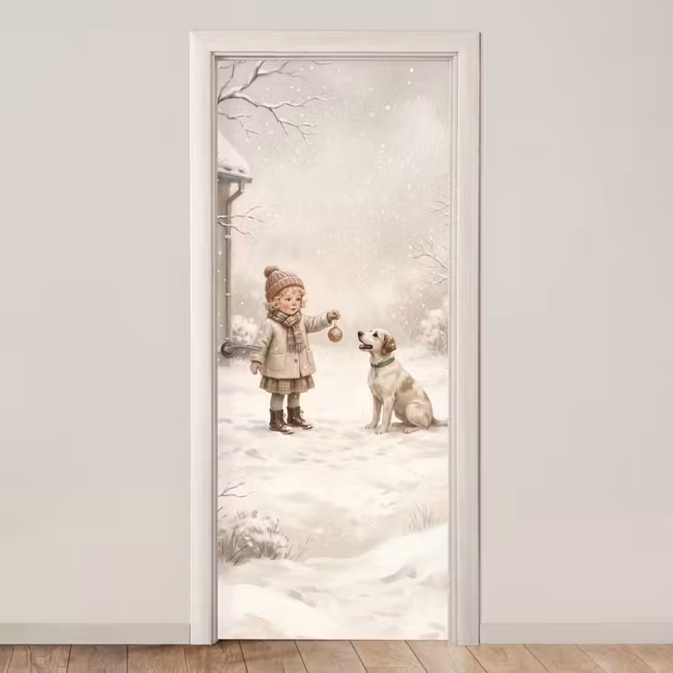 Deursticker - Kind - Hond - Sneeuw — 1