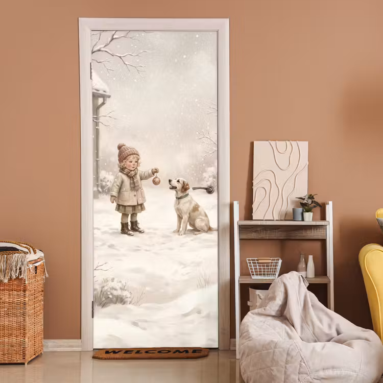 Deursticker - Kind - Hond - Sneeuw — 2