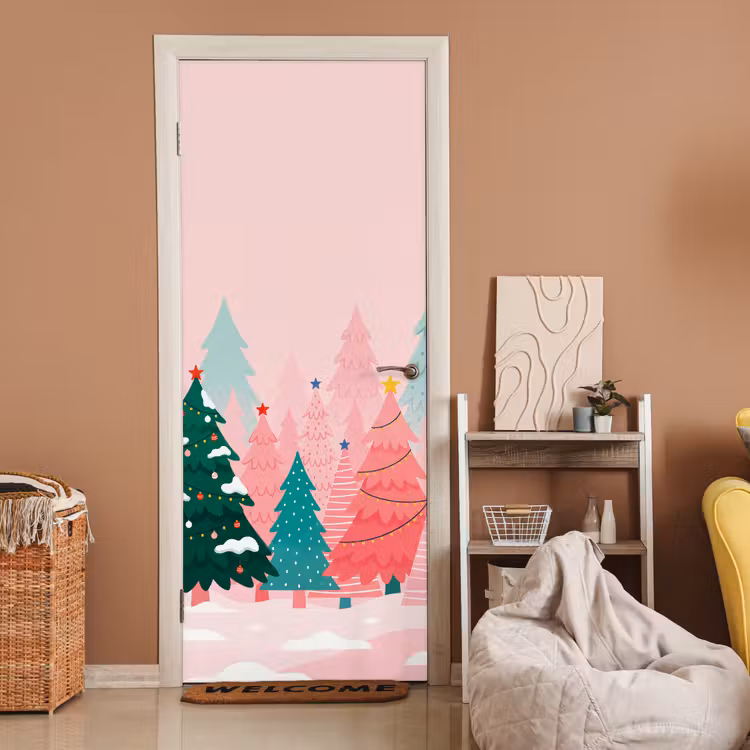 Deursticker - Kerstbomen - Illustratie - Roze — 2