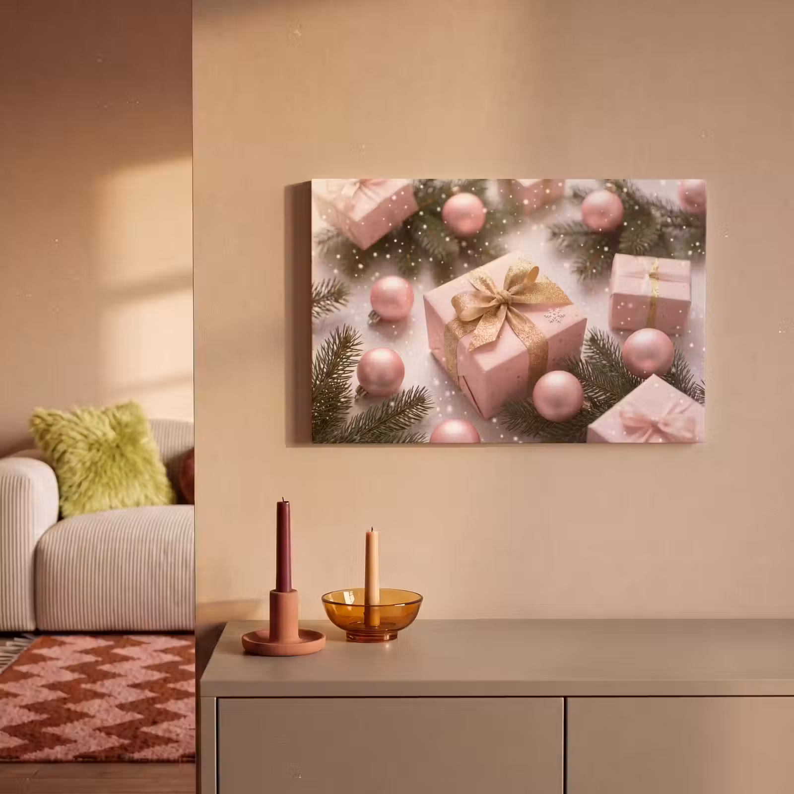 Canvas schilderij - Cadeau - Kerst - Roze — 1