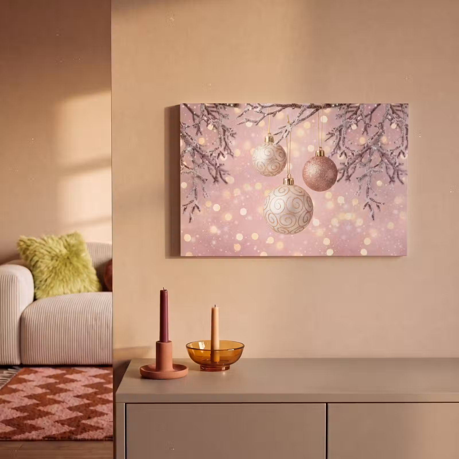 Canvas schilderij - Kerstbal - Roze - Winter — 1
