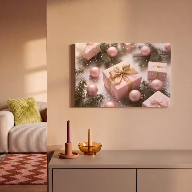 Canvas schilderij - Cadeau - Kerst - Roze — 1