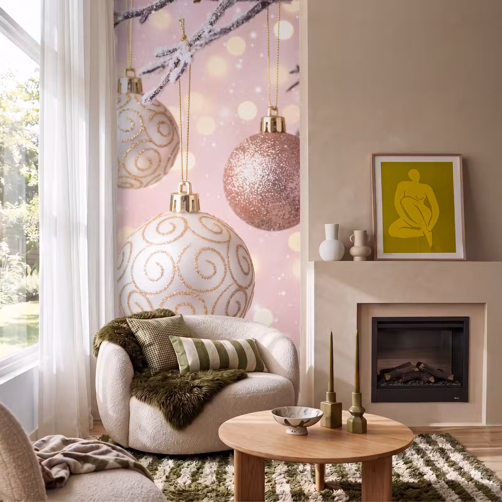 Behang - Kerstbal - Roze - Winter — 1