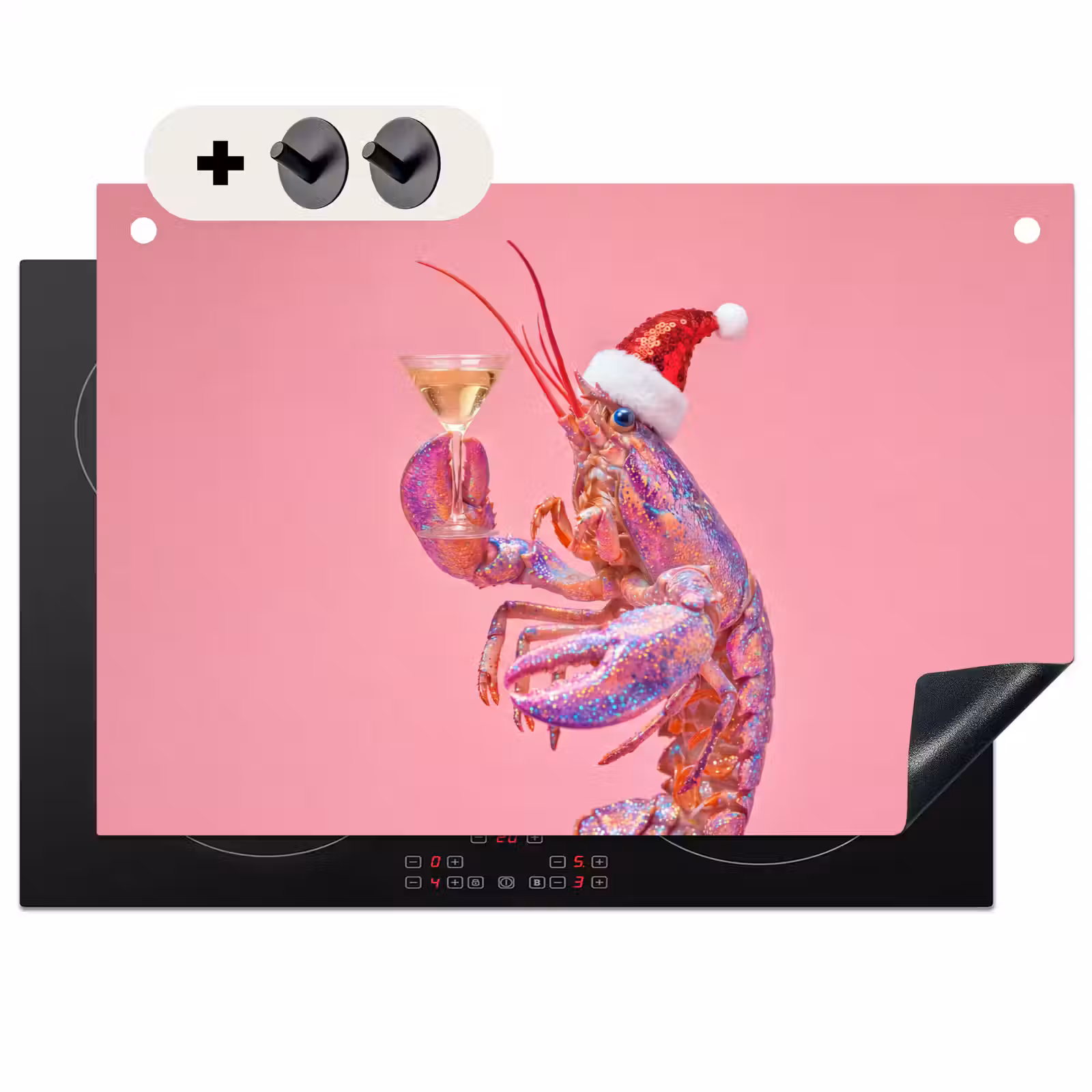 Inductiebeschermer & spatscherm (2in1) - Kreeft - Kerst - Roze — 1