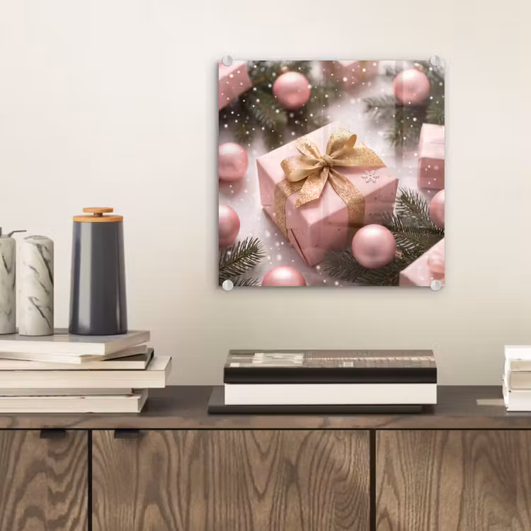 Glas schilderij - Cadeau - Kerst - Roze — 2