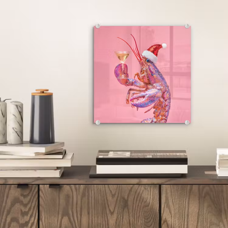 Glas schilderij - Kreeft - Kerst - Roze — 2