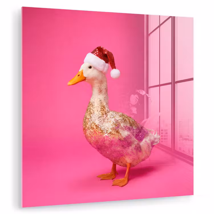 Glas schilderij - Vogel - Kerst - Roze — 1