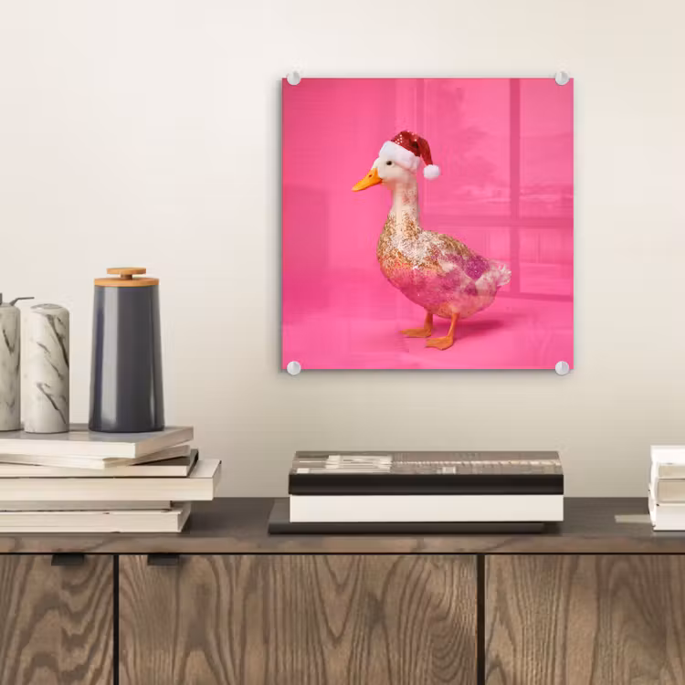 Glas schilderij - Vogel - Kerst - Roze — 2