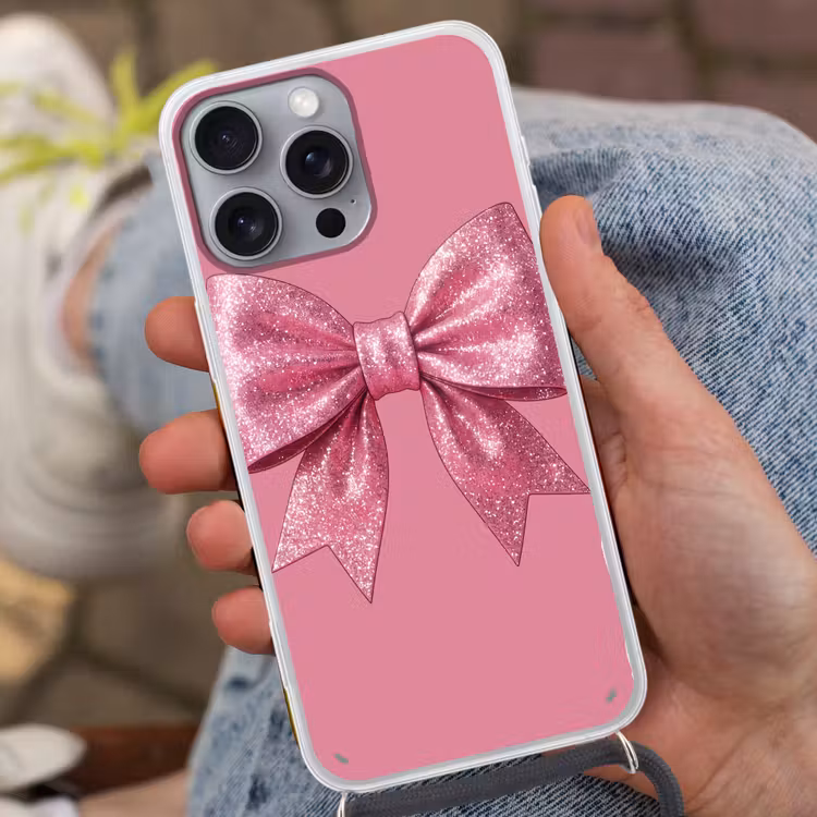 Telefoonhoesje met koord - Roze strik - Glitter — 2