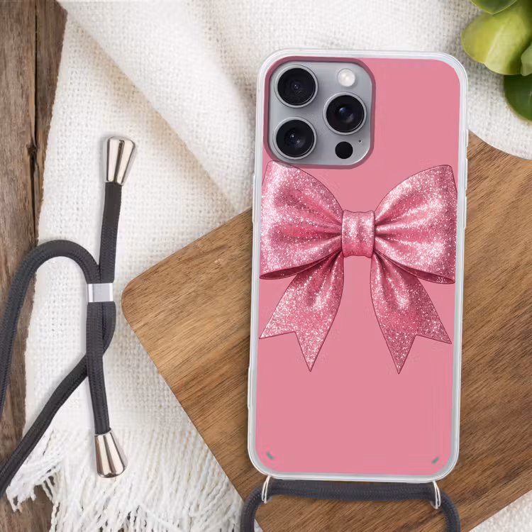 Telefoonhoesje met koord - Roze strik - Glitter — 3