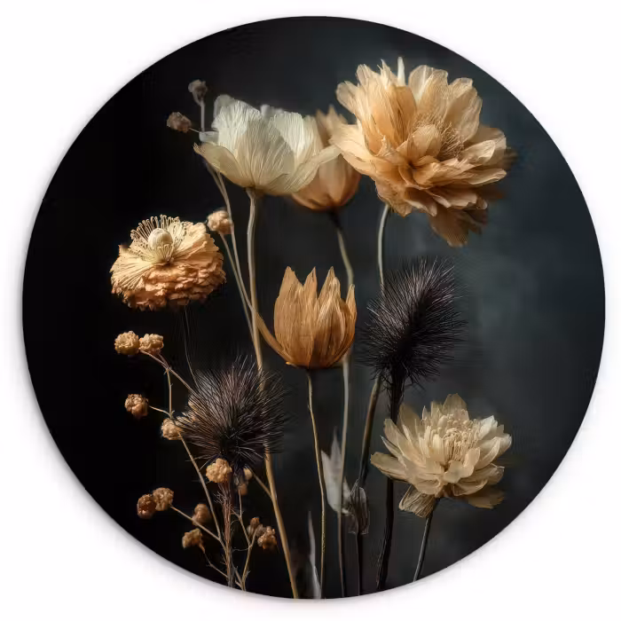 Muurcirkel glas - Boeket - Bloemen - Licht - Zwart