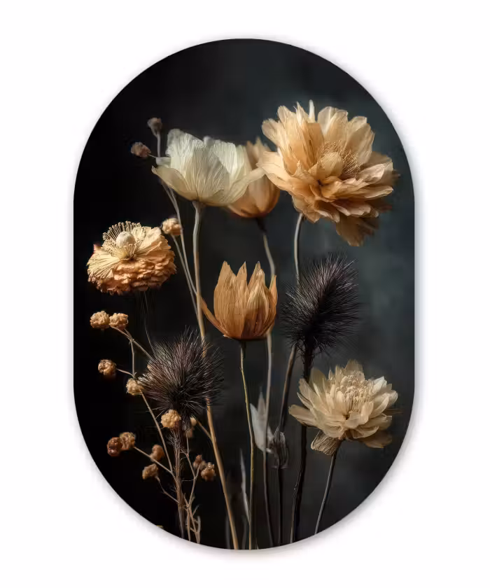 Muurovaal - Boeket - Bloemen - Licht - Zwart