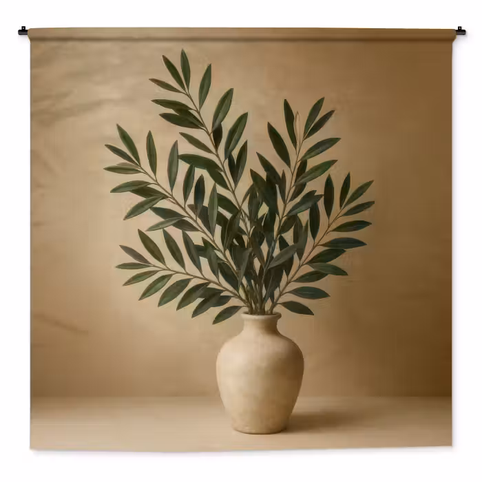 Wandkleed - Vaas - Olijftakken - Bladeren - Beige