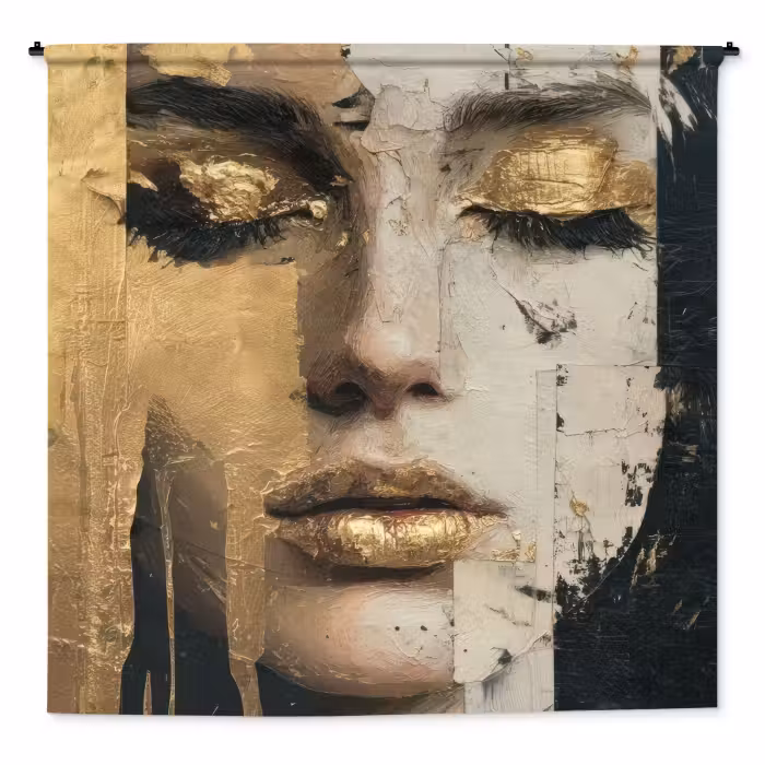Wandkleed - Abstract - Goud - Gezicht - Lippen
