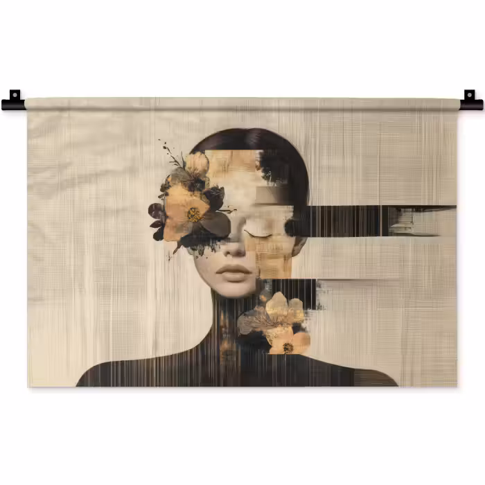 Wandkleed - Gezicht - Bloemen - Zwart - Vrouw