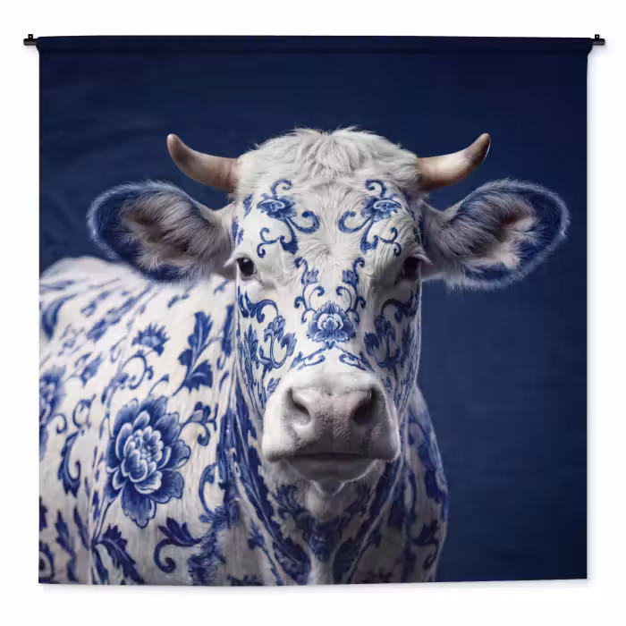 Wandkleed - Koe - Delfts - Blauw - Artistiek