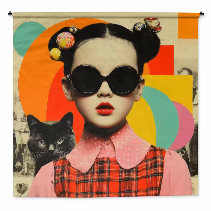 Wandkleed - Meisje - Zonnebril - Kat - Retro