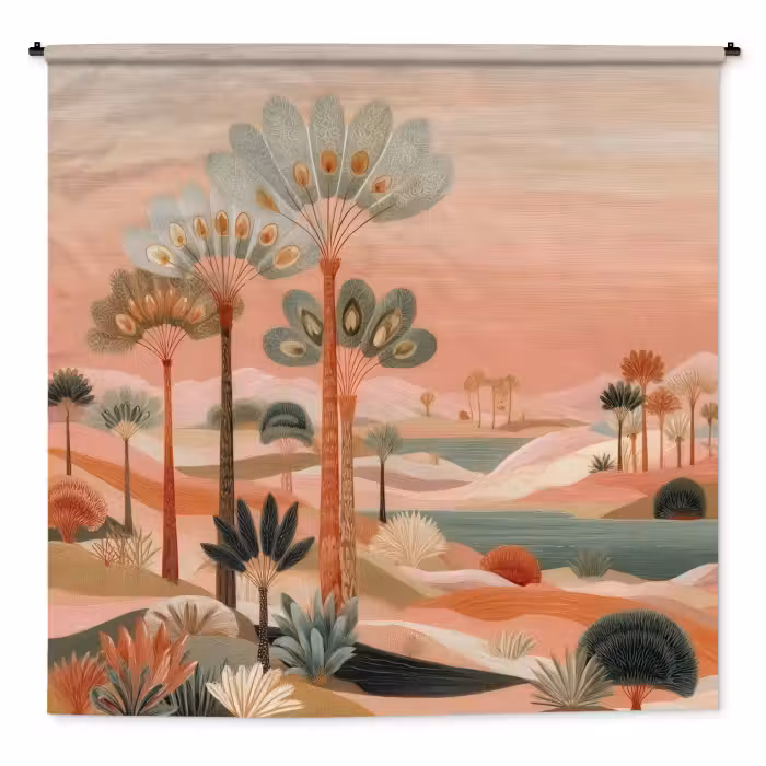 Wandkleed - Roze landschap - Palmen - Water