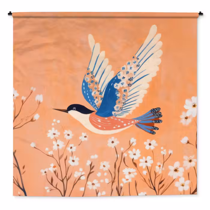 Wandkleed - Vogel - Bloesemtakken - Warm - Kleurrijk