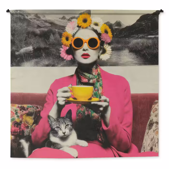 Wandkleed - Vrouw - Kat - Bloemen - Kopje - Retro